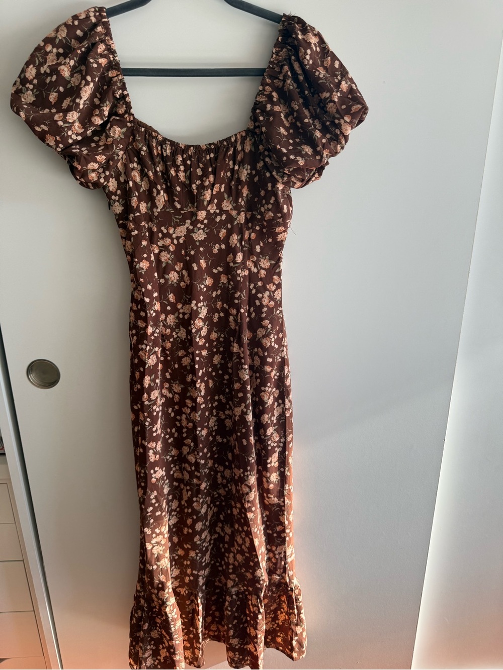 Lulu's Brown Floral Square-Neck Puff Sleeve Midi Dress - Picture 5 of 8